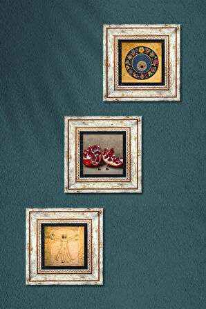 Nazar Boncuğu, Leonardo da Vinci Vitruvius Adamı, Nar Taş Duvar Tablosu Çerçeveli Duvar Dekoru 3 Parça Tablo Seti Wall Art