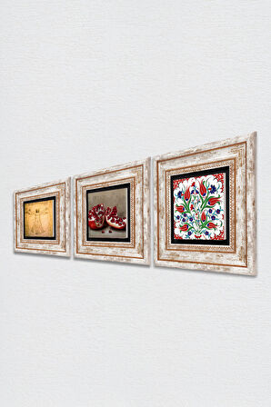 Çini Sanatı Lale, Leonardo da Vinci Vitruvius Adamı, Nar Taş Duvar Tablosu Çerçeveli Duvar Dekoru 3 Parça Tablo Seti Wall Art
