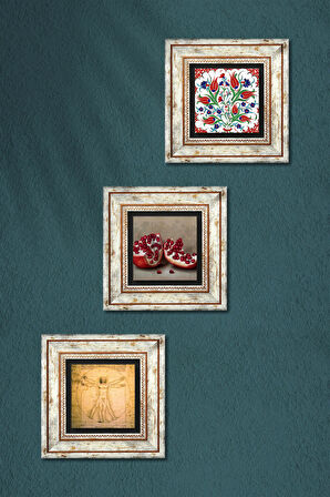 Çini Sanatı Lale, Leonardo da Vinci Vitruvius Adamı, Nar Taş Duvar Tablosu Çerçeveli Duvar Dekoru 3 Parça Tablo Seti Wall Art