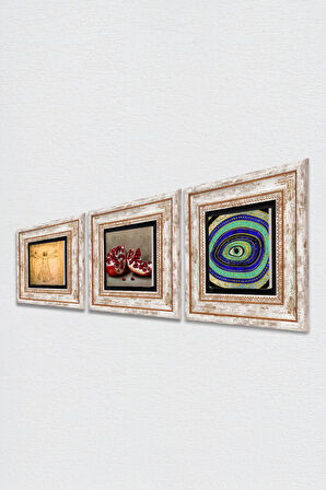 Nazar, Leonardo da Vinci Vitruvius Adamı, Nar Taş Duvar Tablosu Çerçeveli Duvar Dekoru 3 Parça Tablo Seti Wall Art