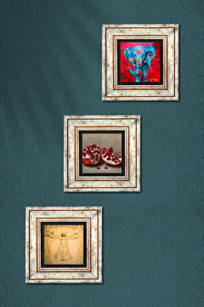 Fil, Leonardo da Vinci Vitruvius Adamı, Nar Taş Duvar Tablosu Çerçeveli Duvar Dekoru 3 Parça Tablo Seti Wall Art