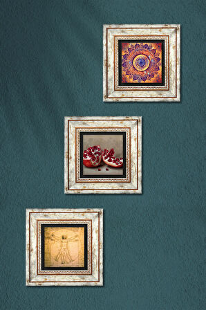 Mandala, Leonardo da Vinci Vitruvius Adamı, Nar Taş Duvar Tablosu Çerçeveli Duvar Dekoru 3 Parça Tablo Seti Wall Art