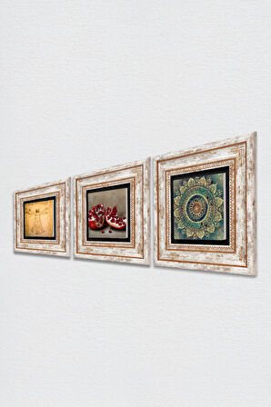 Mandala, Leonardo da Vinci Vitruvius Adamı, Nar Taş Duvar Tablosu Çerçeveli Duvar Dekoru 3 Parça Tablo Seti Wall Art
