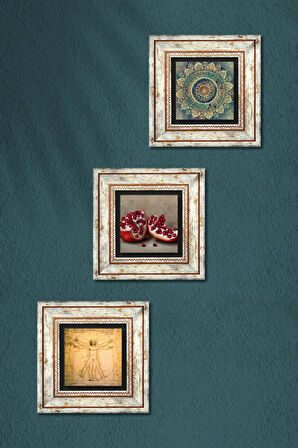 Mandala, Leonardo da Vinci Vitruvius Adamı, Nar Taş Duvar Tablosu Çerçeveli Duvar Dekoru 3 Parça Tablo Seti Wall Art