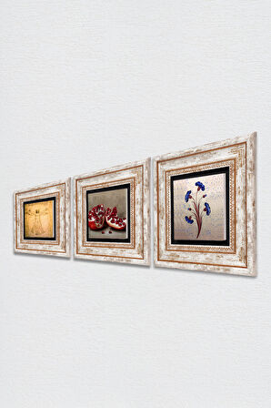 Ebru Sanatı, Leonardo da Vinci Vitruvius Adamı, Nar Taş Duvar Tablosu Çerçeveli Duvar Dekoru 3 Parça Tablo Seti Wall Art