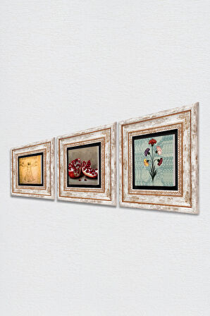 Ebru Sanatı, Leonardo da Vinci Vitruvius Adamı, Nar Taş Duvar Tablosu Çerçeveli Duvar Dekoru 3 Parça Tablo Seti Wall Art