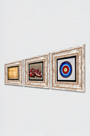 Nazar, Leonardo da Vinci Vitruvius Adamı, Nar Taş Duvar Tablosu Çerçeveli Duvar Dekoru 3 Parça Tablo Seti Wall Art