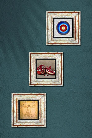 Nazar, Leonardo da Vinci Vitruvius Adamı, Nar Taş Duvar Tablosu Çerçeveli Duvar Dekoru 3 Parça Tablo Seti Wall Art