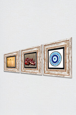 Nazar, Leonardo da Vinci Vitruvius Adamı, Nar Taş Duvar Tablosu Çerçeveli Duvar Dekoru 3 Parça Tablo Seti Wall Art