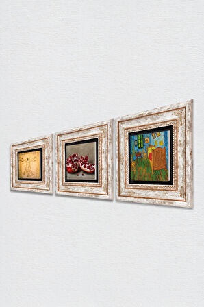 Van Gogh Yatak Odası, Da Vinci Vitruvius Adamı, Nar Taş Duvar Tablosu Çerçeveli Duvar Dekoru 3 Parça Tablo Seti Wall Art