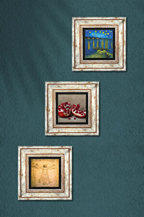 Van Gogh, Leonardo da Vinci, Nar Taş Duvar Tablosu Çerçeveli Duvar Dekoru 3 Parça Tablo Seti Wall Art