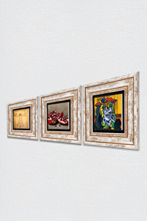 Picasso Ağlayan Kadın, Da Vinci Vitruvius Adamı, Nar Taş Duvar Tablosu Çerçeveli Duvar Dekoru 3 Parça Tablo Seti Wall Art