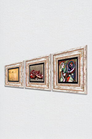 Picasso, Da Vinci, Nar Taş Duvar Tablosu Çerçeveli Duvar Dekoru 3 Parça Tablo Seti Wall Art