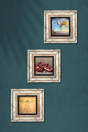 Salvador Dalí, Leonardo da Vinci, Nar Taş Duvar Tablosu Çerçeveli Duvar Dekoru 3 Parça Tablo Seti Wall Art