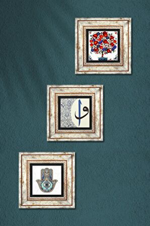 Elif-Vav, Nar Ağacı, Fatma Ana Eli (Hamsa) Taş Duvar Tablosu Çerçeveli Duvar Dekoru 3 Parça Tablo Seti Wall Art