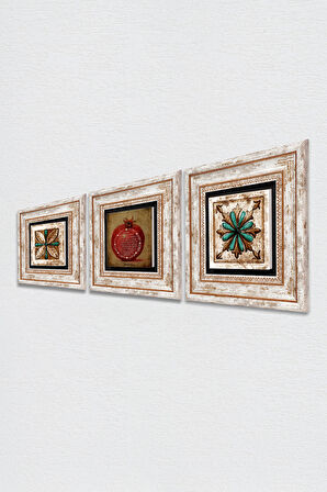 Fas Desenli Vintage, Bereket Duası Taş Duvar Tablosu Çerçeveli Duvar Dekoru 3 Parça Tablo Seti Wall Art