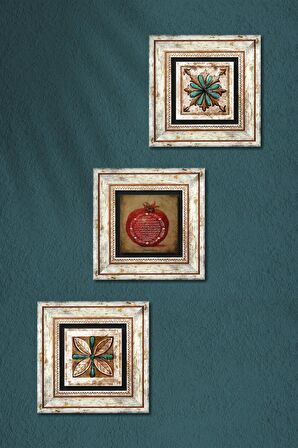Fas Desenli Vintage, Bereket Duası Taş Duvar Tablosu Çerçeveli Duvar Dekoru 3 Parça Tablo Seti Wall Art