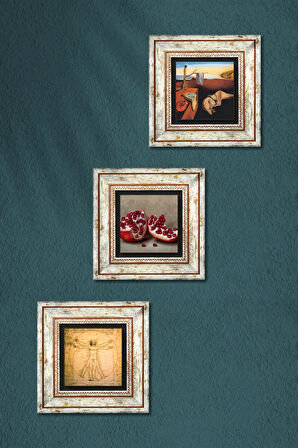Salvador Dalí Belleğin Azmi, Da Vinci Vitruvius Adamı, Nar Taş Duvar Tablosu Çerçeveli Duvar Dekoru 3 Parça Tablo Seti Wall Art