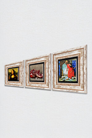Kaplumbağa Terbiyecisi, Leonardo da Vinci Mona Lisa, Nar Taş Duvar Tablosu Çerçeveli Duvar Dekoru 3 Parça Tablo Seti Wall Art