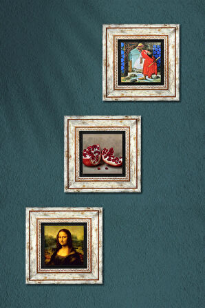 Kaplumbağa Terbiyecisi, Leonardo da Vinci Mona Lisa, Nar Taş Duvar Tablosu Çerçeveli Duvar Dekoru 3 Parça Tablo Seti Wall Art
