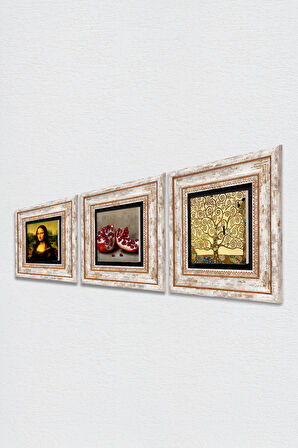 Gustav Klimt Hayat Ağacı, Leonardo da Vinci Mona Lisa, Nar Taş Duvar Tablosu Çerçeveli Duvar Dekoru 3 Parça Tablo Seti Wall Art