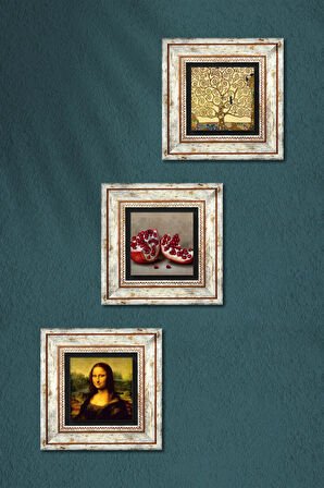 Gustav Klimt Hayat Ağacı, Leonardo da Vinci Mona Lisa, Nar Taş Duvar Tablosu Çerçeveli Duvar Dekoru 3 Parça Tablo Seti Wall Art