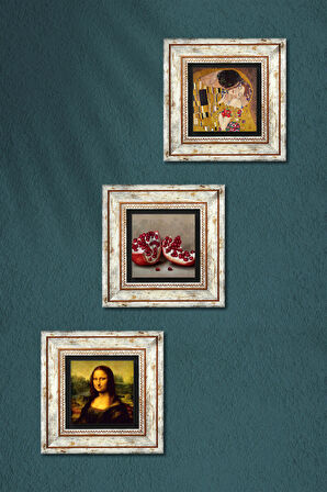 Gustav Klimt Öpücük, Leonardo da Vinci Mona Lisa, Nar Taş Duvar Tablosu Çerçeveli Duvar Dekoru 3 Parça Tablo Seti Wall Art