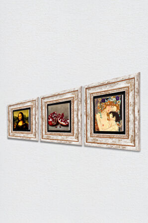 Gustav Klimt Anne Çocuk, Leonardo da Vinci Mona Lisa, Nar Taş Duvar Tablosu Çerçeveli Duvar Dekoru 3 Parça Tablo Seti Wall Art