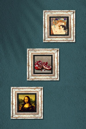 Gustav Klimt Anne Çocuk, Leonardo da Vinci Mona Lisa, Nar Taş Duvar Tablosu Çerçeveli Duvar Dekoru 3 Parça Tablo Seti Wall Art