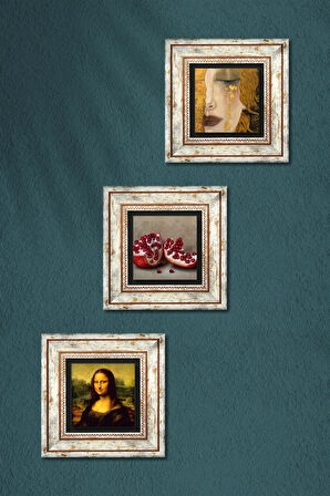 Gustav Klimt Altın Gözyaşları, Da Vinci Mona Lisa, Nar Taş Duvar Tablosu Çerçeveli Duvar Dekoru 3 Parça Tablo Seti Wall Art
