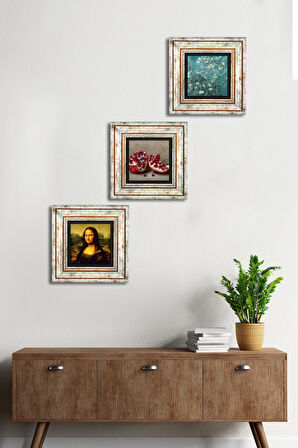Van Gogh Badem Ağacı, Leonardo da Vinci Mona Lisa, Nar Taş Duvar Tablosu Çerçeveli Duvar Dekoru 3 Parça Tablo Seti Wall Art