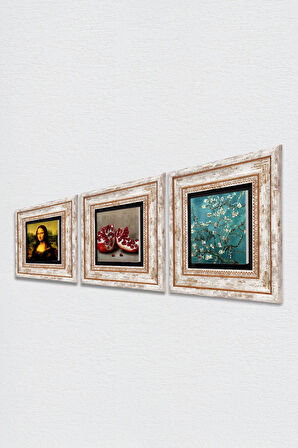 Van Gogh Badem Ağacı, Leonardo da Vinci Mona Lisa, Nar Taş Duvar Tablosu Çerçeveli Duvar Dekoru 3 Parça Tablo Seti Wall Art