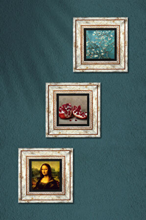 Van Gogh Badem Ağacı, Leonardo da Vinci Mona Lisa, Nar Taş Duvar Tablosu Çerçeveli Duvar Dekoru 3 Parça Tablo Seti Wall Art