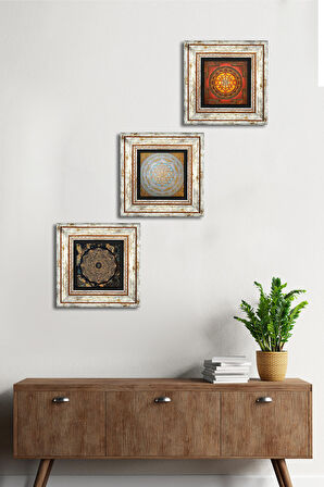 Sri Yantra Taş Duvar Tablosu Çerçeveli Duvar Dekoru 3 Parça Tablo Seti Wall Art