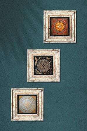 Sri Yantra Taş Duvar Tablosu Çerçeveli Duvar Dekoru 3 Parça Tablo Seti Wall Art