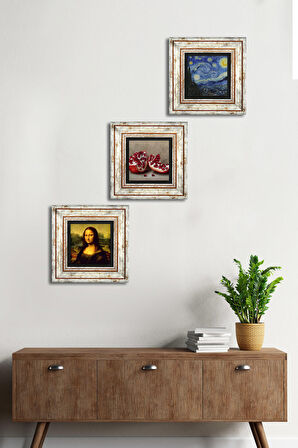 Van Gogh Yıldızlı Gece, Leonardo da Vinci Mona Lisa, Nar Taş Duvar Tablosu Çerçeveli Duvar Dekoru 3 Parça Tablo Seti Wall Art
