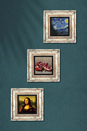Van Gogh Yıldızlı Gece, Leonardo da Vinci Mona Lisa, Nar Taş Duvar Tablosu Çerçeveli Duvar Dekoru 3 Parça Tablo Seti Wall Art