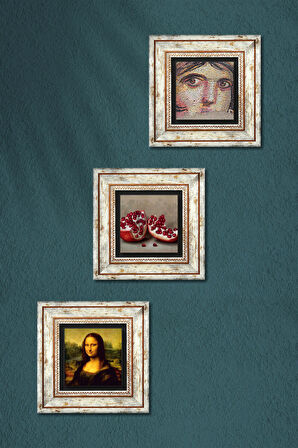Çingene Kızı Mozaiği, Leonardo da Vinci Mona Lisa, Nar Taş Duvar Tablosu Çerçeveli Duvar Dekoru 3 Parça Tablo Seti Wall Art