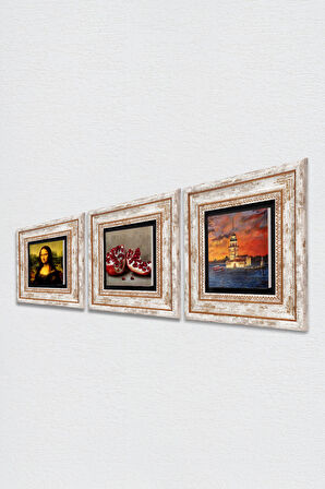 İstanbul Kız Kulesi, Leonardo da Vinci Mona Lisa, Nar Taş Duvar Tablosu Çerçeveli Duvar Dekoru 3 Parça Tablo Seti Wall Art