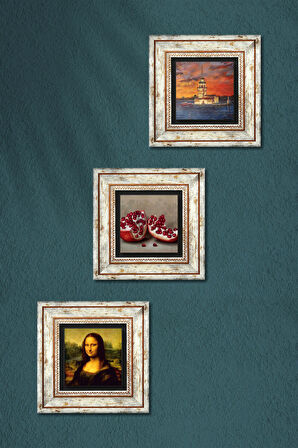 İstanbul Kız Kulesi, Leonardo da Vinci Mona Lisa, Nar Taş Duvar Tablosu Çerçeveli Duvar Dekoru 3 Parça Tablo Seti Wall Art