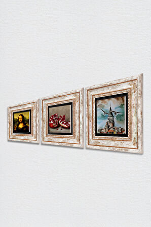 İstanbul Galata Kulesi, Leonardo da Vinci Mona Lisa, Nar Taş Duvar Tablosu Çerçeveli Duvar Dekoru 3 Parça Tablo Seti Wall Art