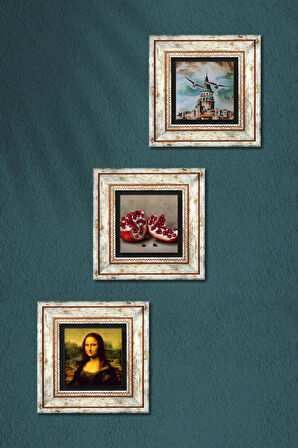İstanbul Galata Kulesi, Leonardo da Vinci Mona Lisa, Nar Taş Duvar Tablosu Çerçeveli Duvar Dekoru 3 Parça Tablo Seti Wall Art