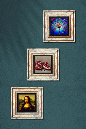 Hayat Ağacı, Leonardo da Vinci Mona Lisa, Nar Taş Duvar Tablosu Çerçeveli Duvar Dekoru 3 Parça Tablo Seti Wall Art