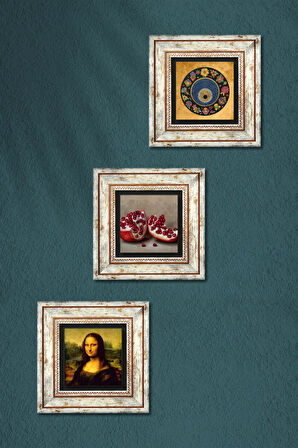 Nazar Boncuğu, Leonardo da Vinci Mona Lisa, Nar Taş Duvar Tablosu Çerçeveli Duvar Dekoru 3 Parça Tablo Seti Wall Art