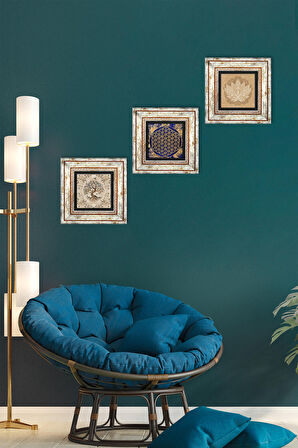 Lotus Çiçeği, Yaşam Çiçeği, Hayat Ağacı Taş Duvar Tablosu Çerçeveli Duvar Dekoru 3 Parça Tablo Seti Wall Art