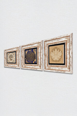Lotus Çiçeği, Yaşam Çiçeği, Hayat Ağacı Taş Duvar Tablosu Çerçeveli Duvar Dekoru 3 Parça Tablo Seti Wall Art