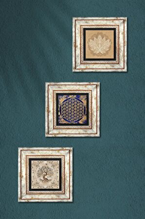 Lotus Çiçeği, Yaşam Çiçeği, Hayat Ağacı Taş Duvar Tablosu Çerçeveli Duvar Dekoru 3 Parça Tablo Seti Wall Art