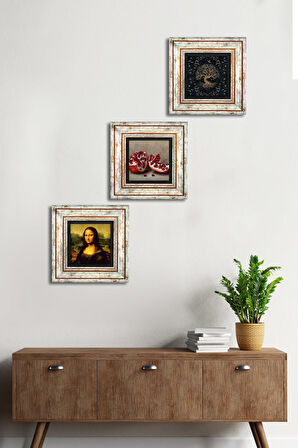 Hayat Ağacı, Leonardo da Vinci Mona Lisa, Nar Taş Duvar Tablosu Çerçeveli Duvar Dekoru 3 Parça Tablo Seti Wall Art