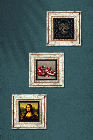 Hayat Ağacı, Leonardo da Vinci Mona Lisa, Nar Taş Duvar Tablosu Çerçeveli Duvar Dekoru 3 Parça Tablo Seti Wall Art