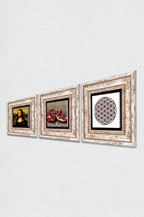 Yaşam Çiçeği, Leonardo da Vinci Mona Lisa, Nar Taş Duvar Tablosu Çerçeveli Duvar Dekoru 3 Parça Tablo Seti Wall Art